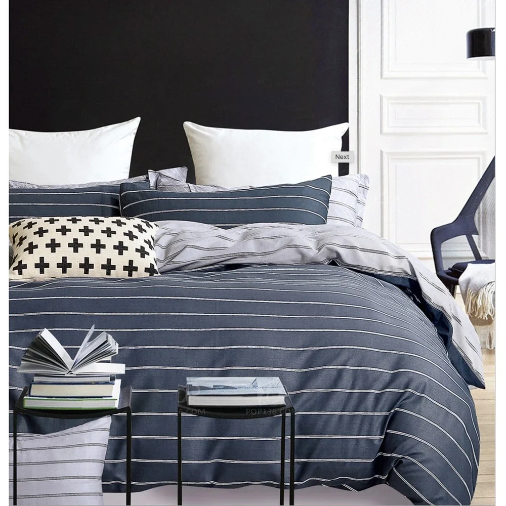 Gauggin Navy Blue Striped 100% Cotton Reversible Comforter Set Queen Minimalist